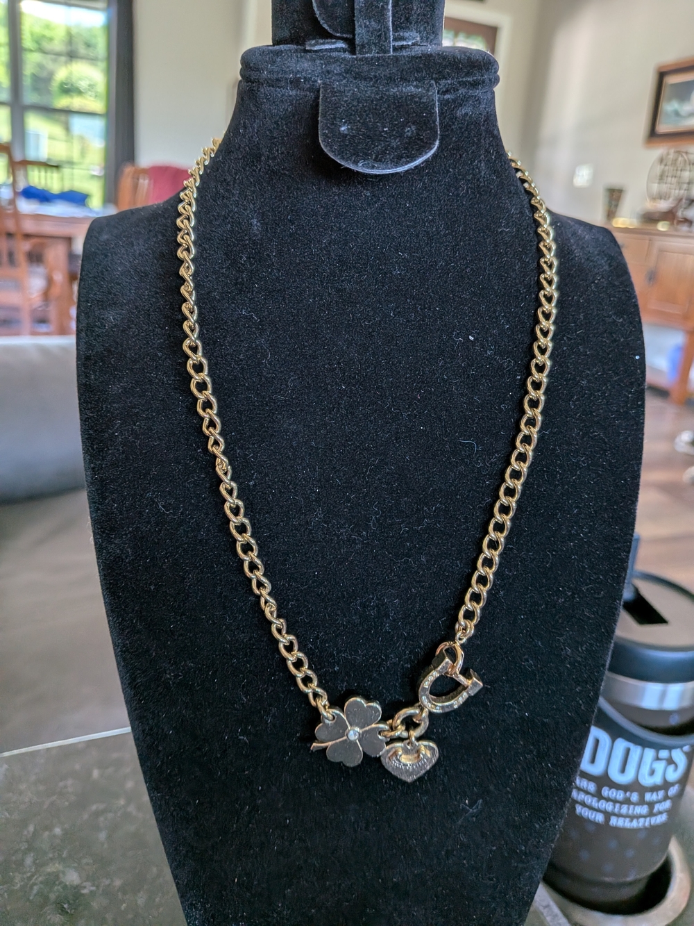 Juicy Couture Vintage Clover & Heart Charm Necklace - Gold Tone